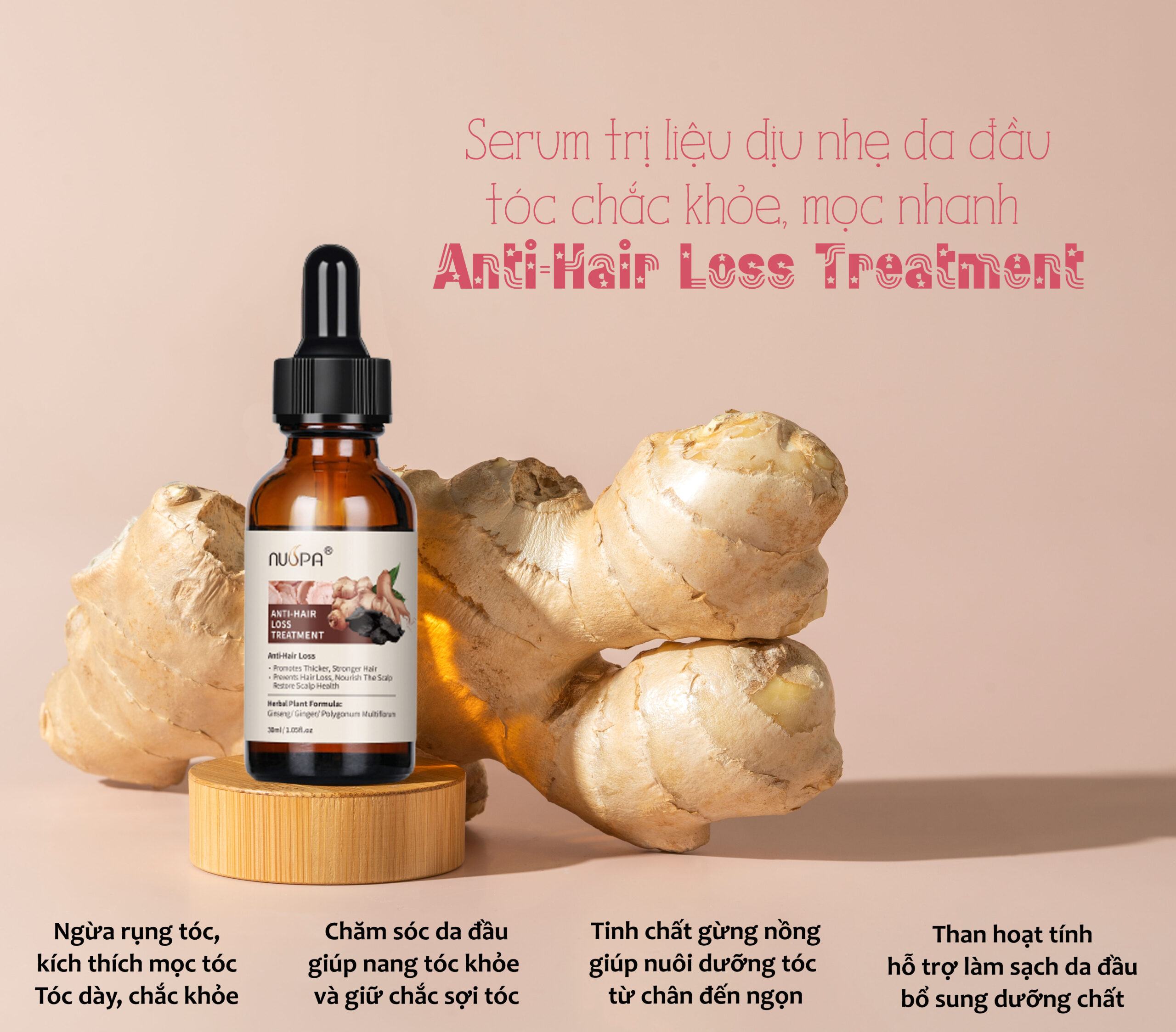 Face Hair Serum Essential Oil Brown Dropper Bottle With Ginger Extract Standing Wooden Podium